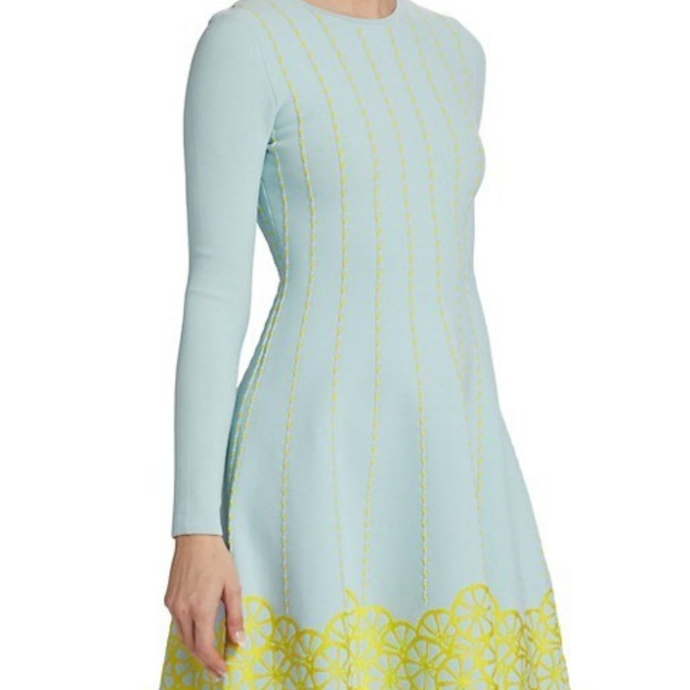 Lela Rose Long-Sleeve Fruit-Embroidered Knit Dress